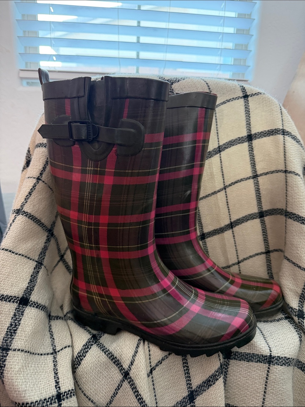 Clarks Brown and Pink Plaid Waterproof Women's Rain Boots with Side Buckle